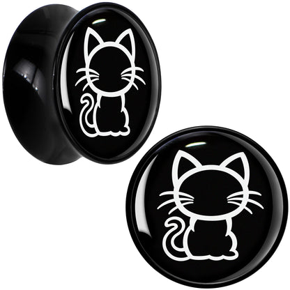Black and White Kitty Cat Black Acrylic Saddle Plug Set 8mm to 20mm by Onyx O