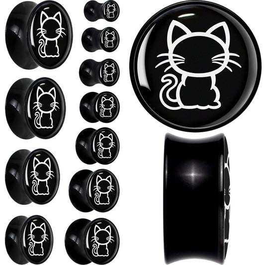 Black and White Kitty Cat Black Acrylic Saddle Plug Set 8mm to 20mm by Onyx O