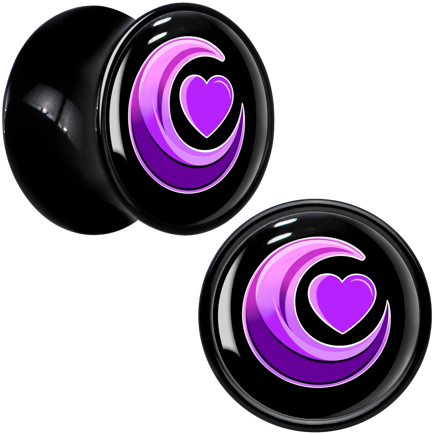 0G Crescent Moon Heart Black Acrylic Saddle Plug Set by Onyx O