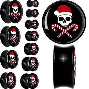 Santa Pirate Candy Cane Skull Black Acrylic Saddle Plug Set by Onyx O