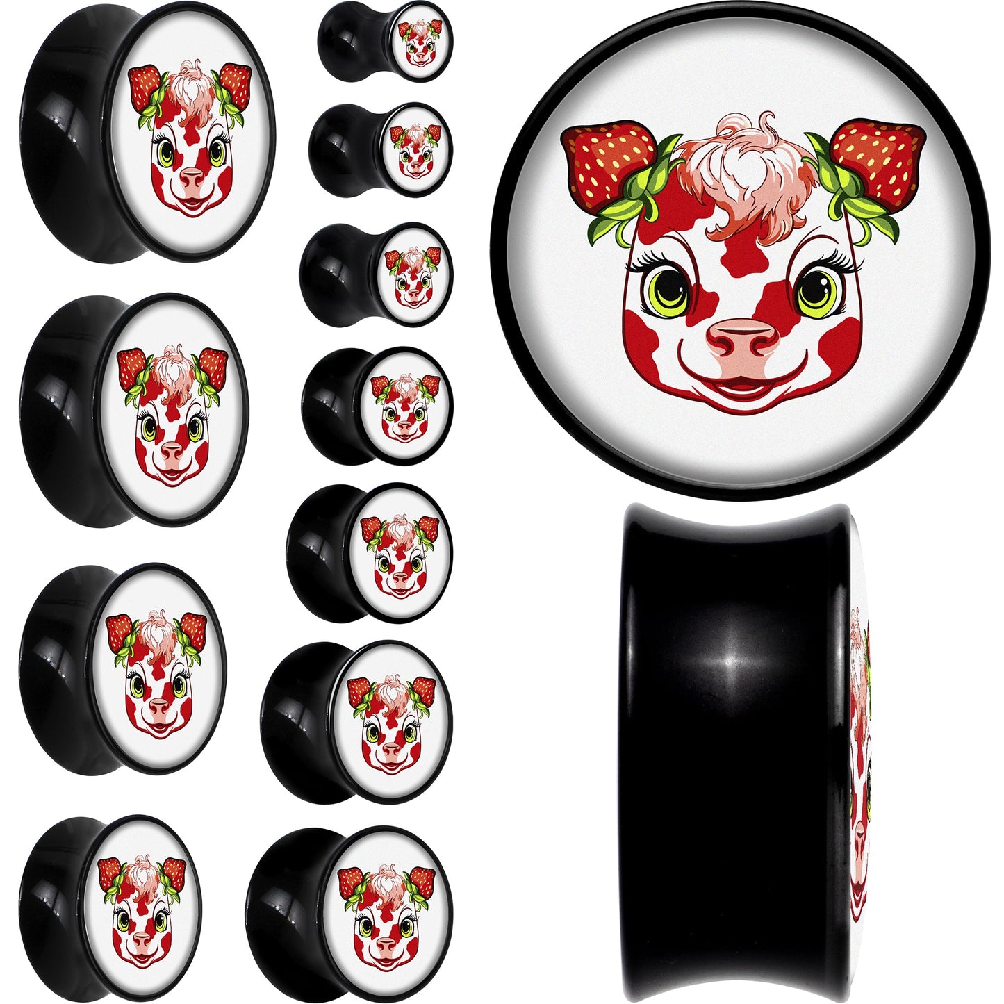 Stawberry Cow Black Acrylic Saddle Plug Set 8mm to 20mm by Onyx O