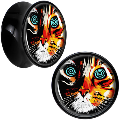 Colorful Trippy Cat Black Acrylic Saddle Plug Set 8mm to 20mm by Onyx O