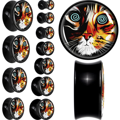 Colorful Trippy Cat Black Acrylic Saddle Plug Set 8mm to 20mm by Onyx O