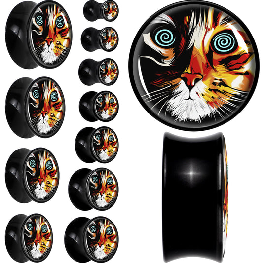 Colorful Trippy Cat Black Acrylic Saddle Plug Set 8mm to 20mm by Onyx O