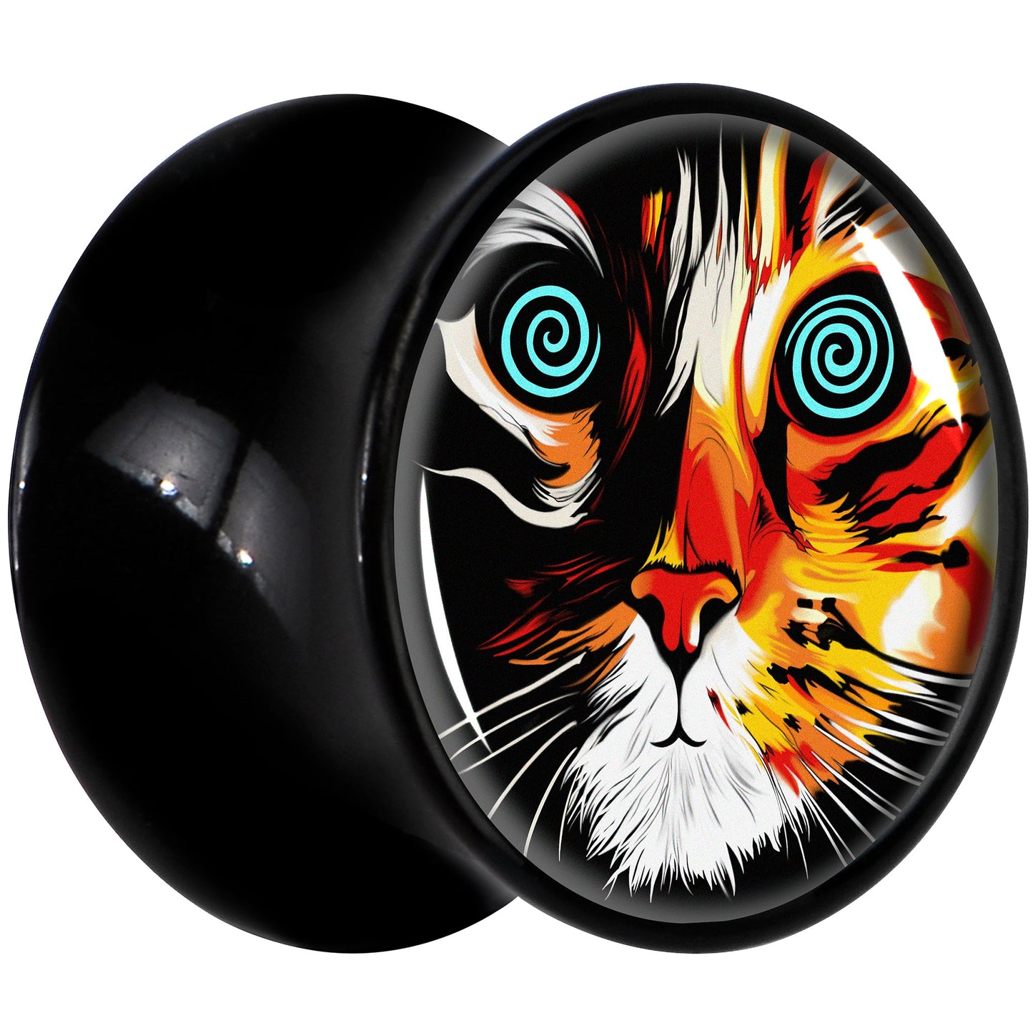 Colorful Trippy Cat Black Acrylic Saddle Plug Set 8mm to 20mm by Onyx O