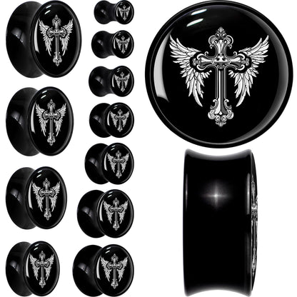 0G Black White Winged Cross Black Acrylic Saddle Plug Set by Onyx O