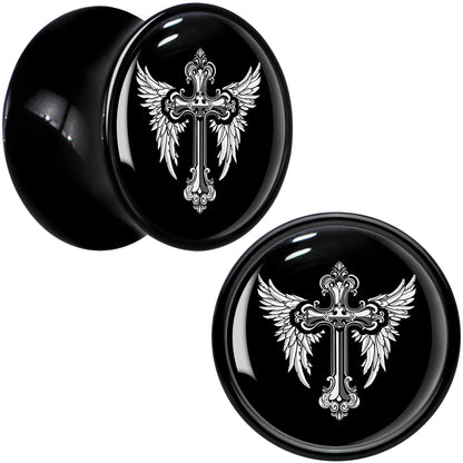 0G Black White Winged Cross Black Acrylic Saddle Plug Set by Onyx O