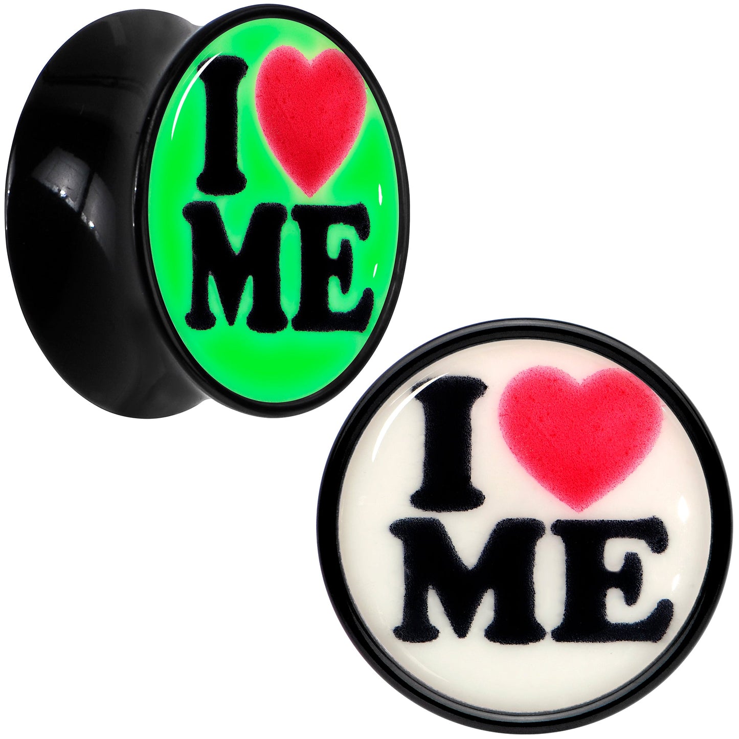 Black Acrylic I Love Me Glow in the Dark Double Flare Plug Set by Onyx O