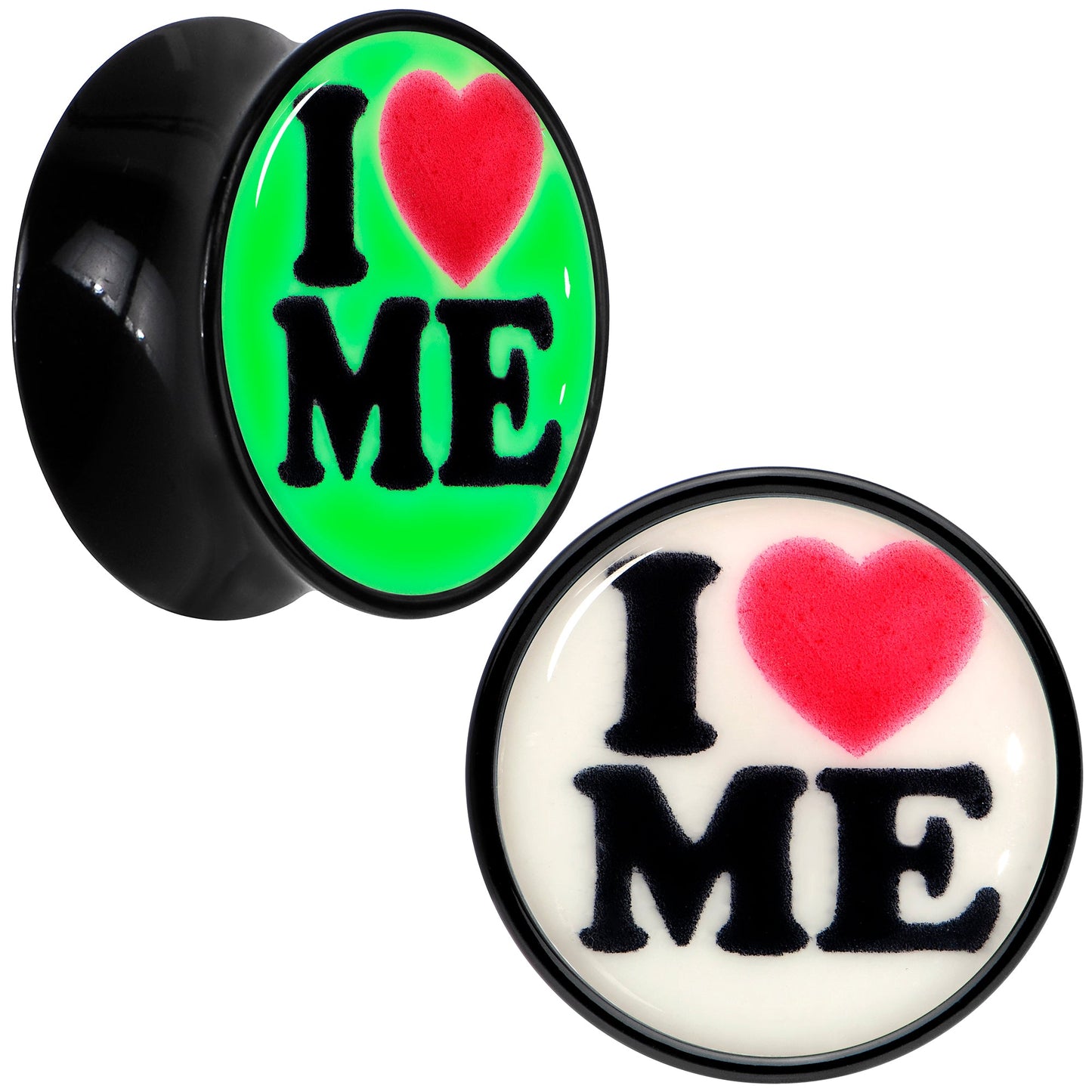 Black Acrylic I Love Me Glow in the Dark Double Flare Plug Set by Onyx O