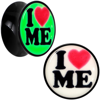 Black Acrylic I Love Me Glow in the Dark Double Flare Plug Set by Onyx O