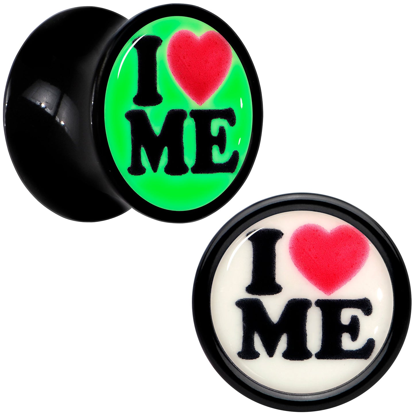 Black Acrylic I Love Me Glow in the Dark Double Flare Plug Set by Onyx O