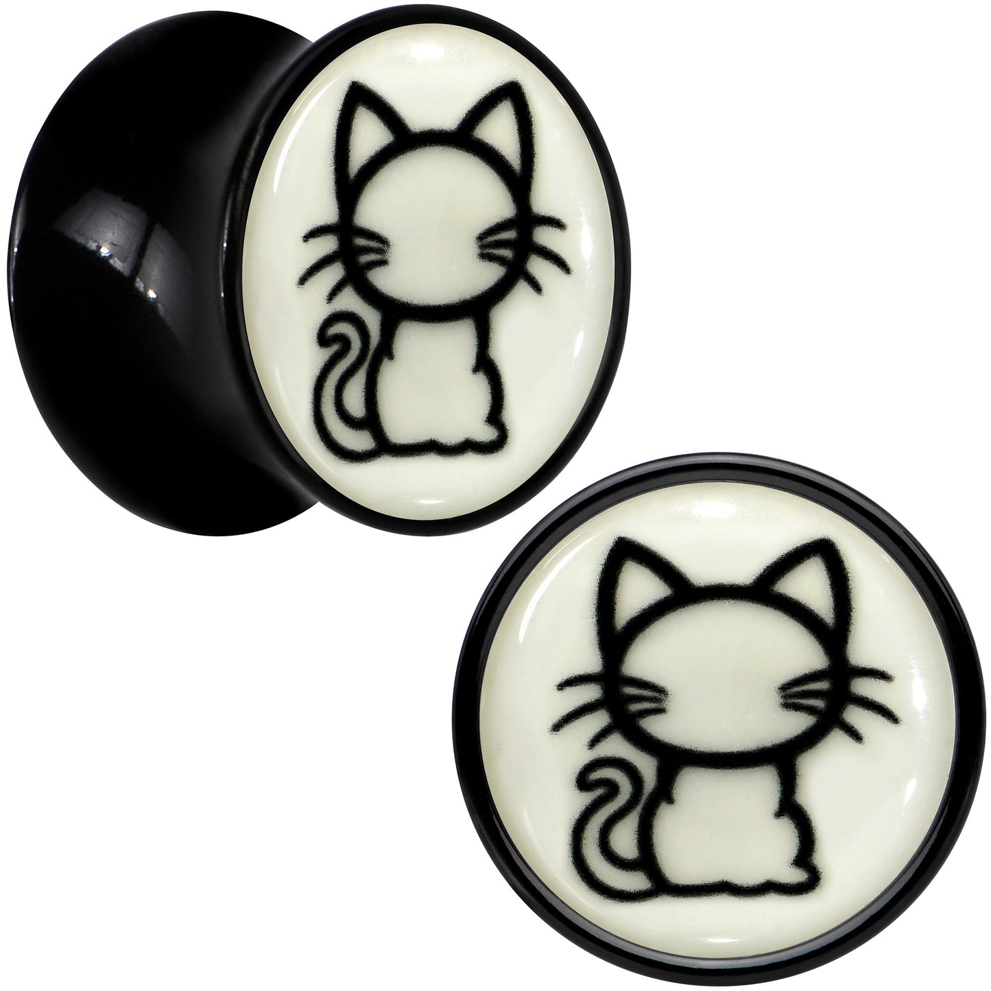 Glow in the Dark Kitty Cat Black Acrylic Saddle Plug Set 8mm to 20mm by Onyx O
