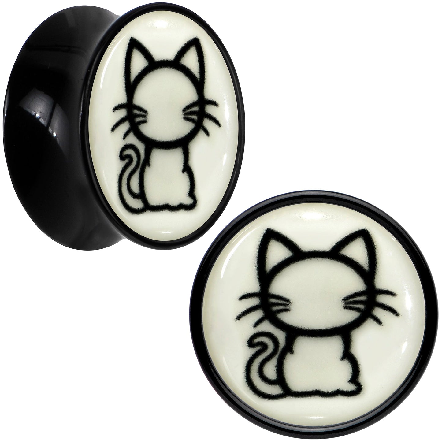 Glow in the Dark Kitty Cat Black Acrylic Saddle Plug Set 8mm to 20mm by Onyx O