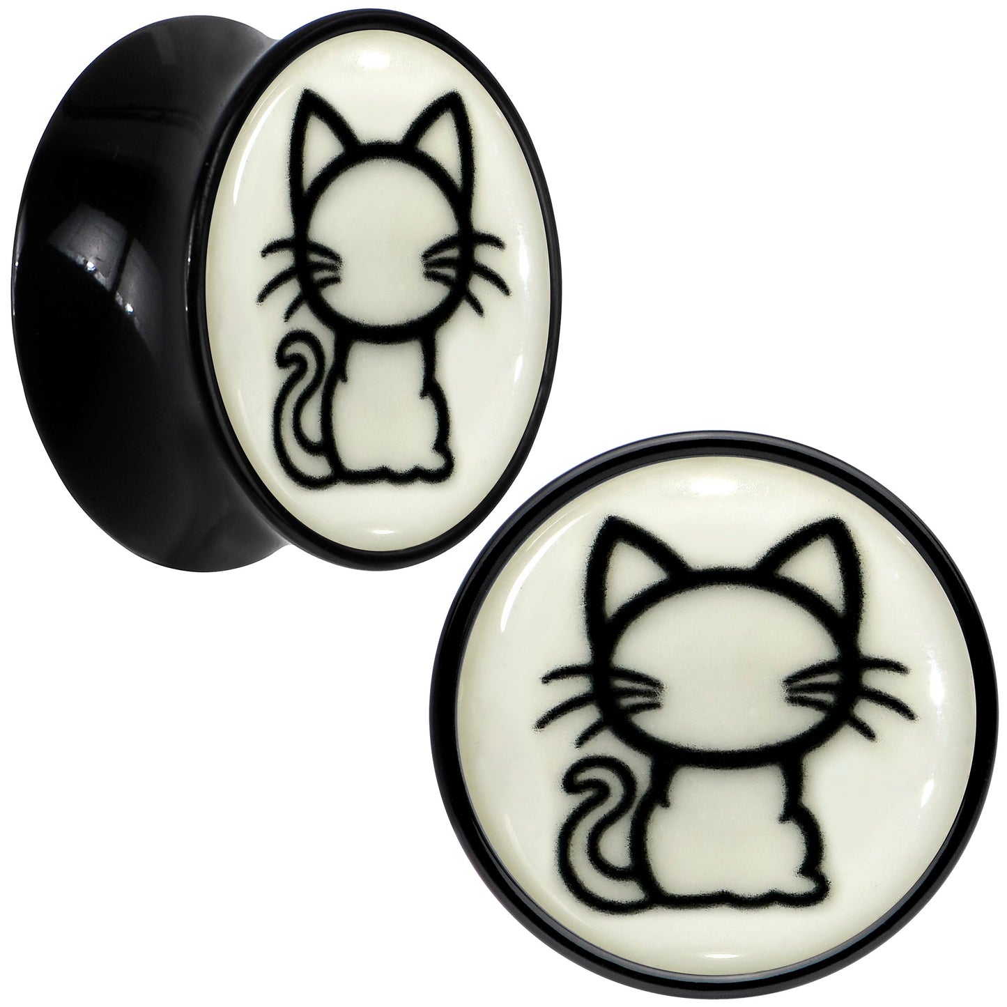 Glow in the Dark Kitty Cat Black Acrylic Saddle Plug Set 8mm to 20mm by Onyx O