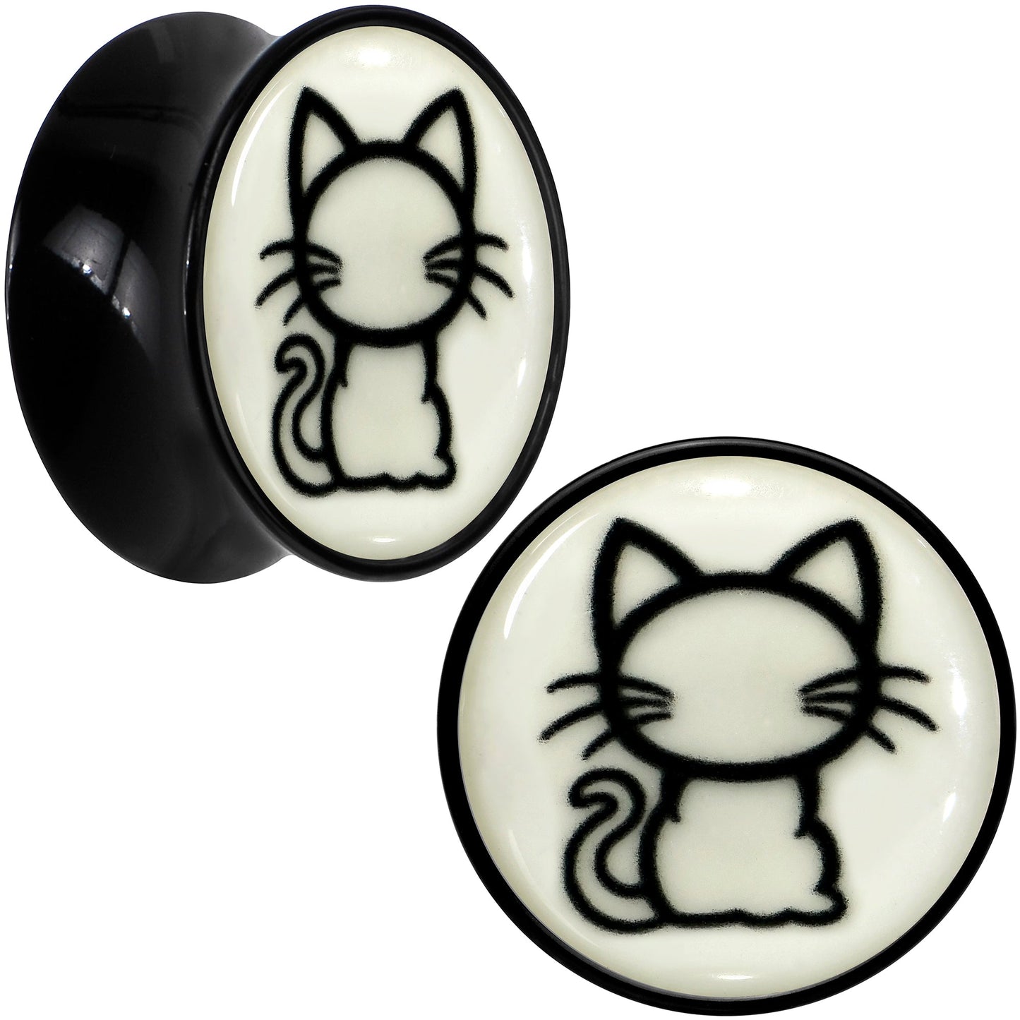 Glow in the Dark Kitty Cat Black Acrylic Saddle Plug Set 8mm to 20mm by Onyx O