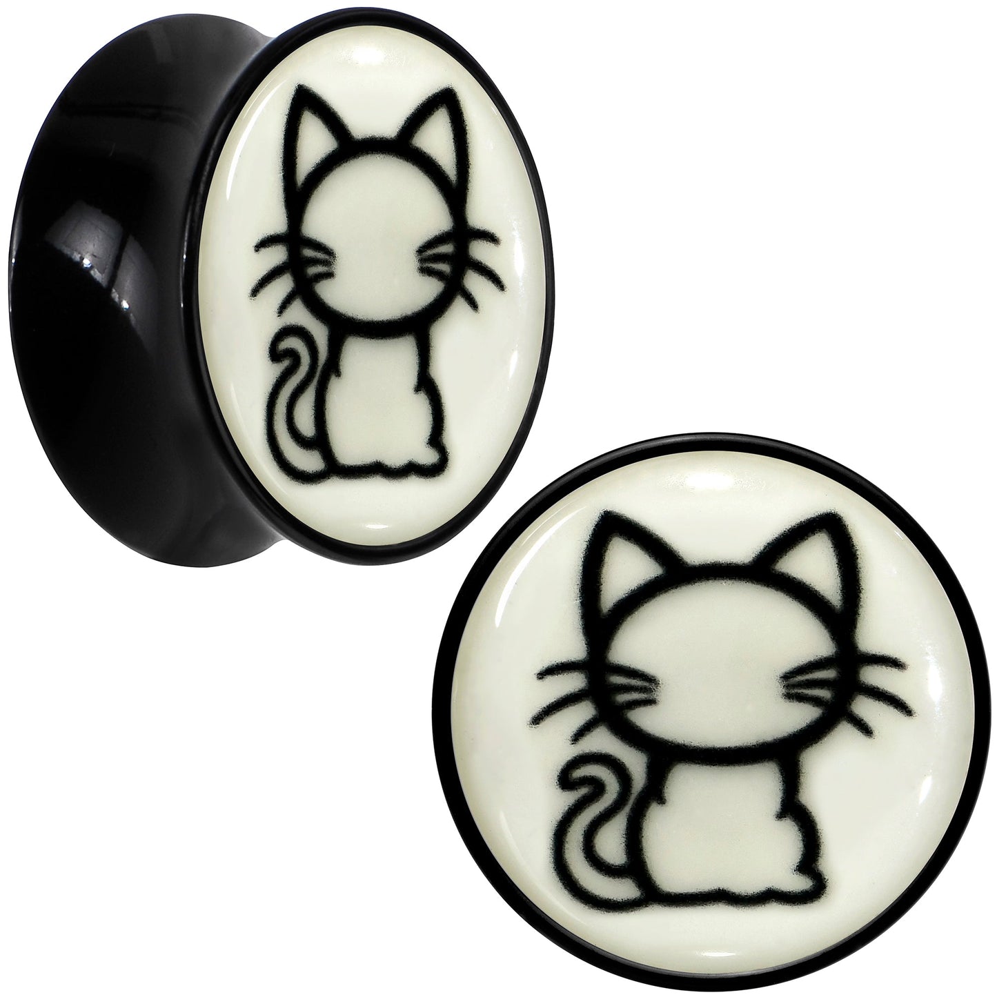 Glow in the Dark Kitty Cat Black Acrylic Saddle Plug Set 8mm to 20mm by Onyx O
