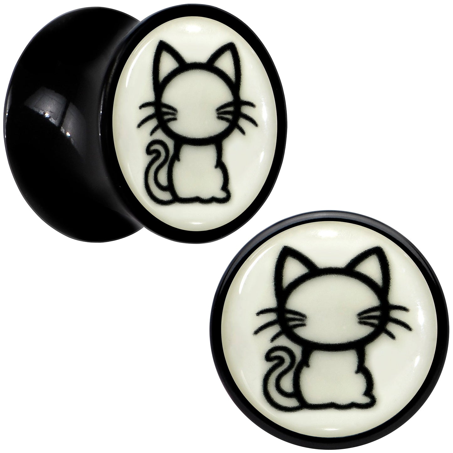 Glow in the Dark Kitty Cat Black Acrylic Saddle Plug Set 8mm to 20mm by Onyx O