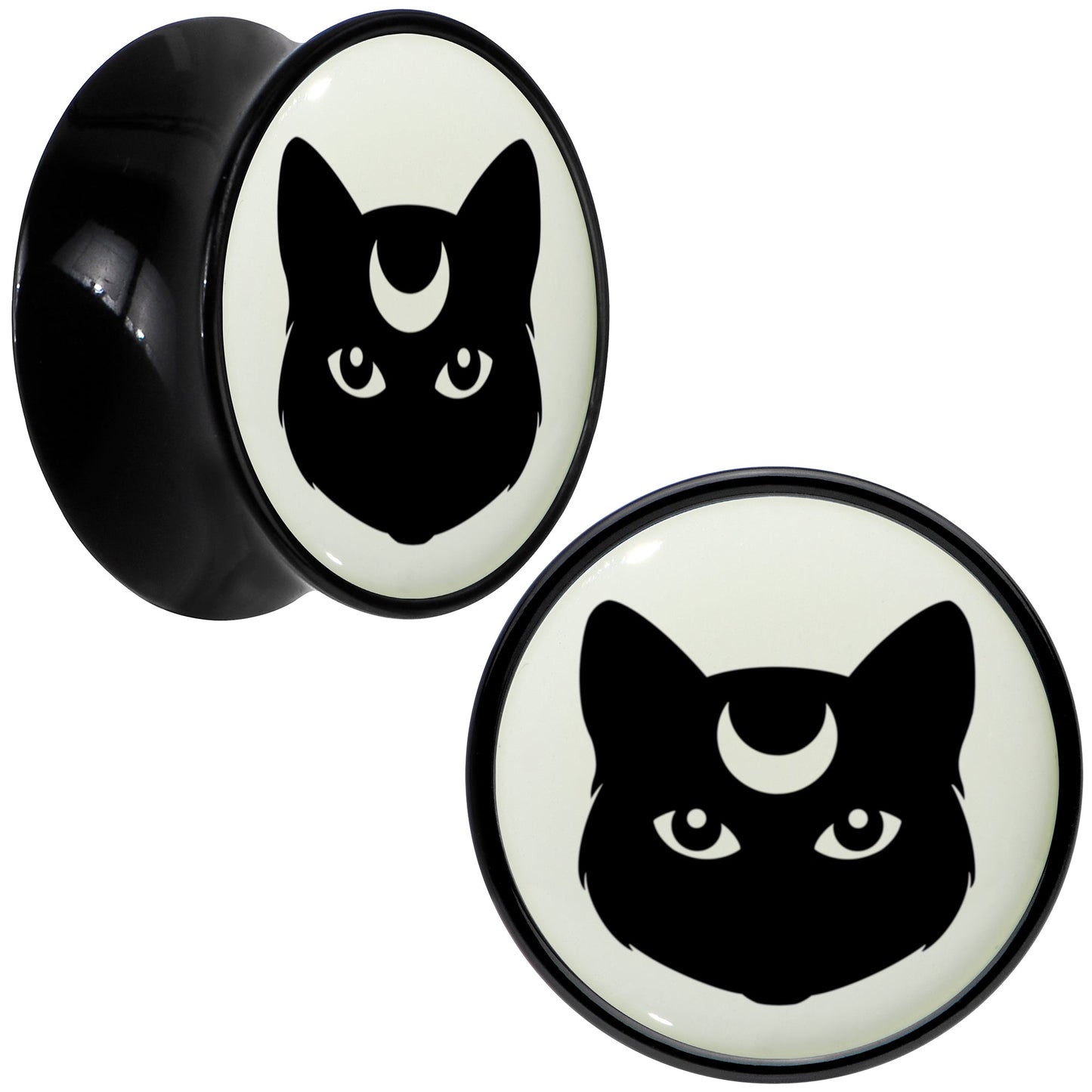 Glow in the Dark Mystic Kitty Cat Black Acrylic Saddle Plug Set by Onyx O