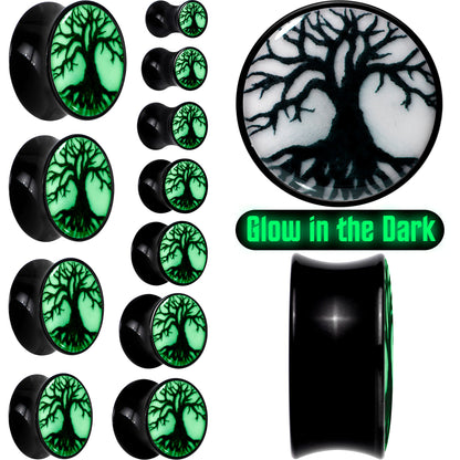 Black Acrylic Tree Of Life Glow in the Dark Double Flare Plug Set by Onyx O