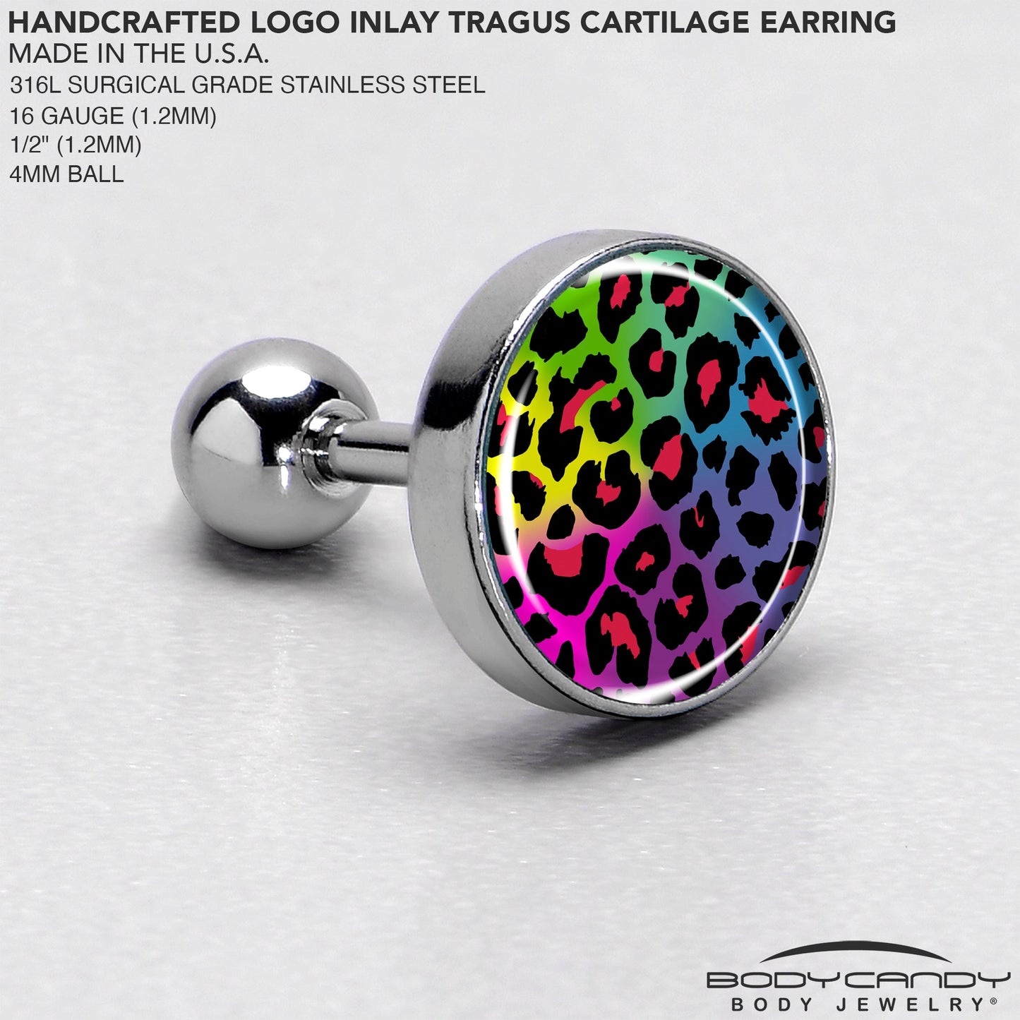 16G 1/4 Rainbow Cheetah Print Cartilage Tragus Earring by Onyx O