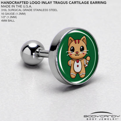 Christmas Holiday Gingerbrread Kitty Cat Tragus Cartilage Earring by Onyx O