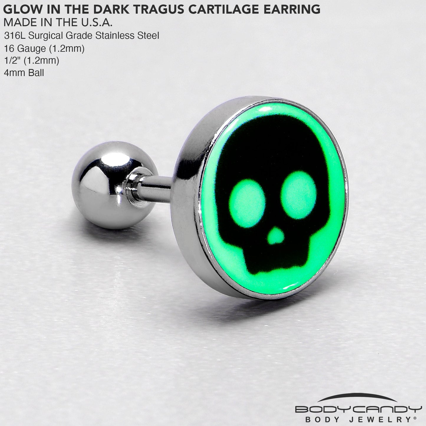 16G 1/4 Glow in the Dark Simple Skull Tragus Cartilage Earring by Onyx O