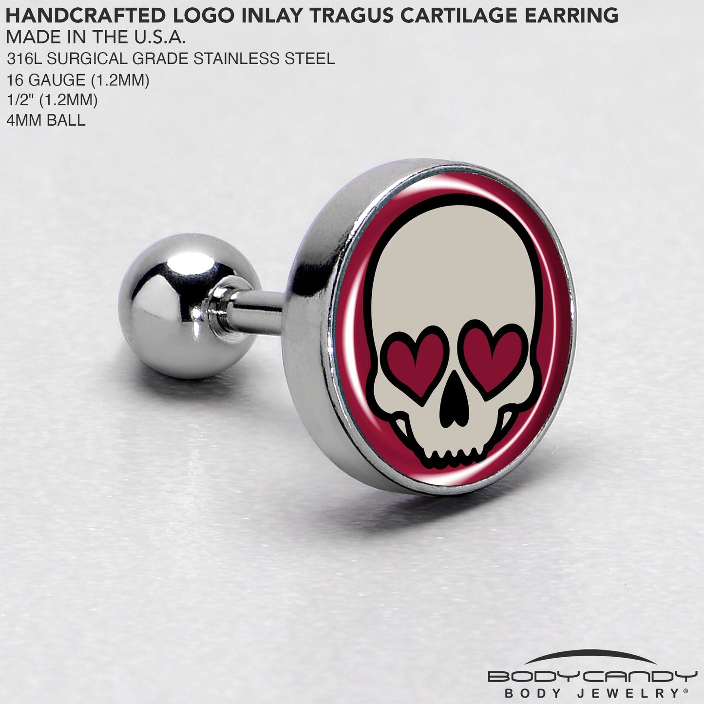 16G Valentine Heart Skull Tragus Cartilage Earring