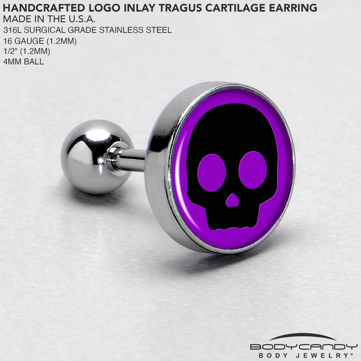 16G 1/4 Purple Black Simple Skull Tragus Cartilage Earring by Onyx O