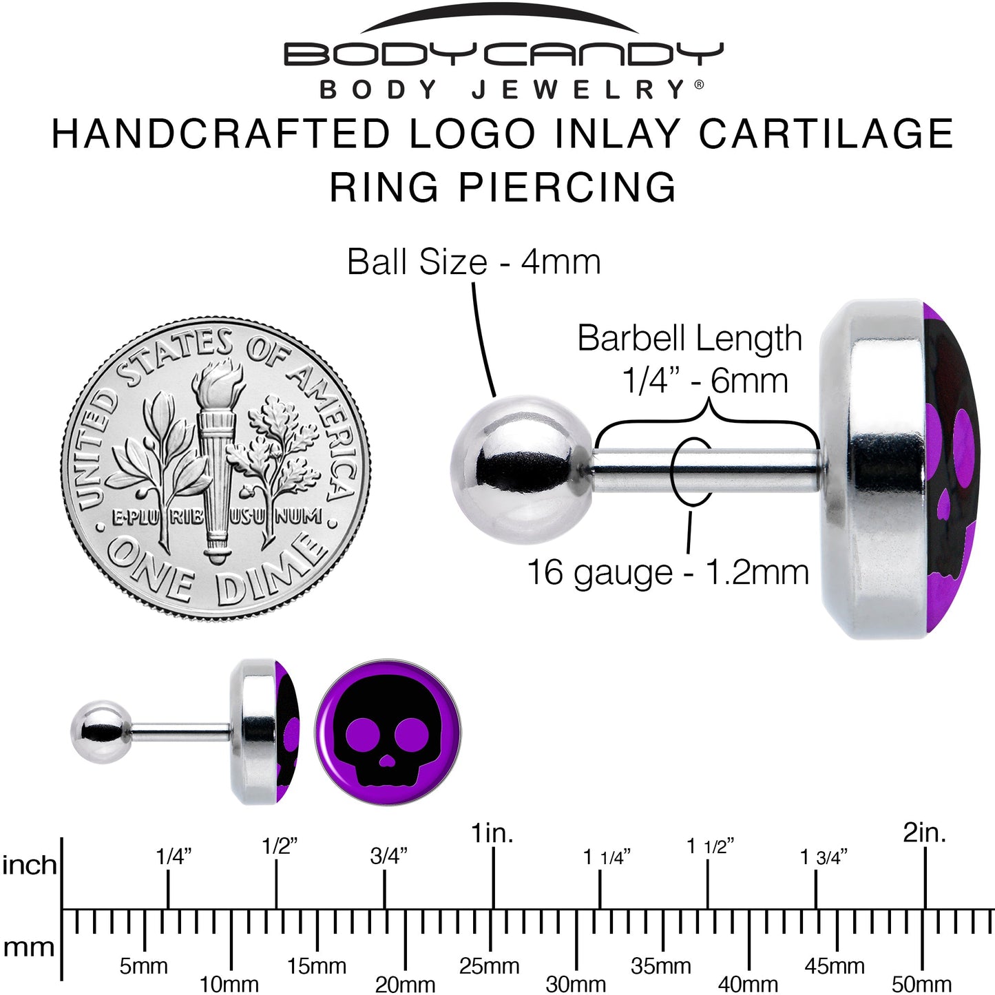 16G 1/4 Purple Black Simple Skull Tragus Cartilage Earring by Onyx O