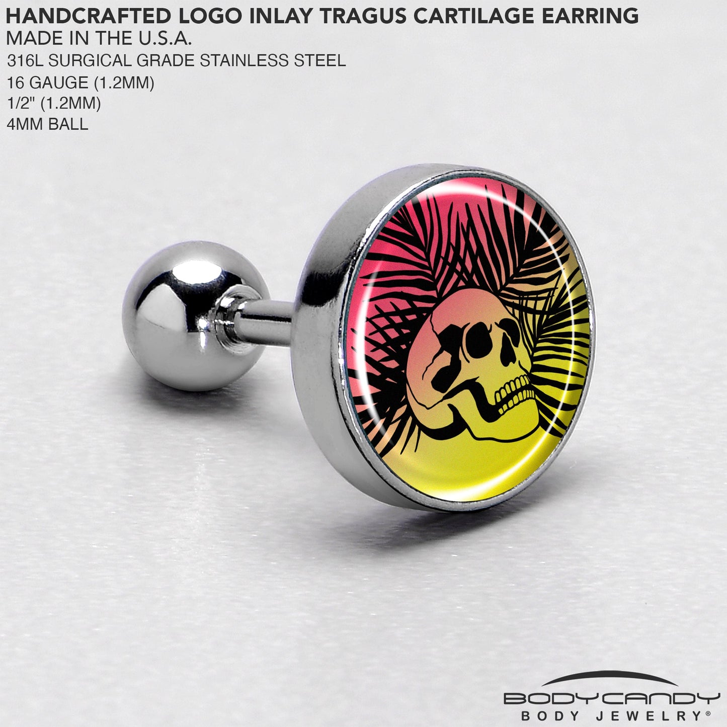 16G 1/4 Red Haze Sunset Skull and Palms Tragus Cartilage Earring by Onyx O