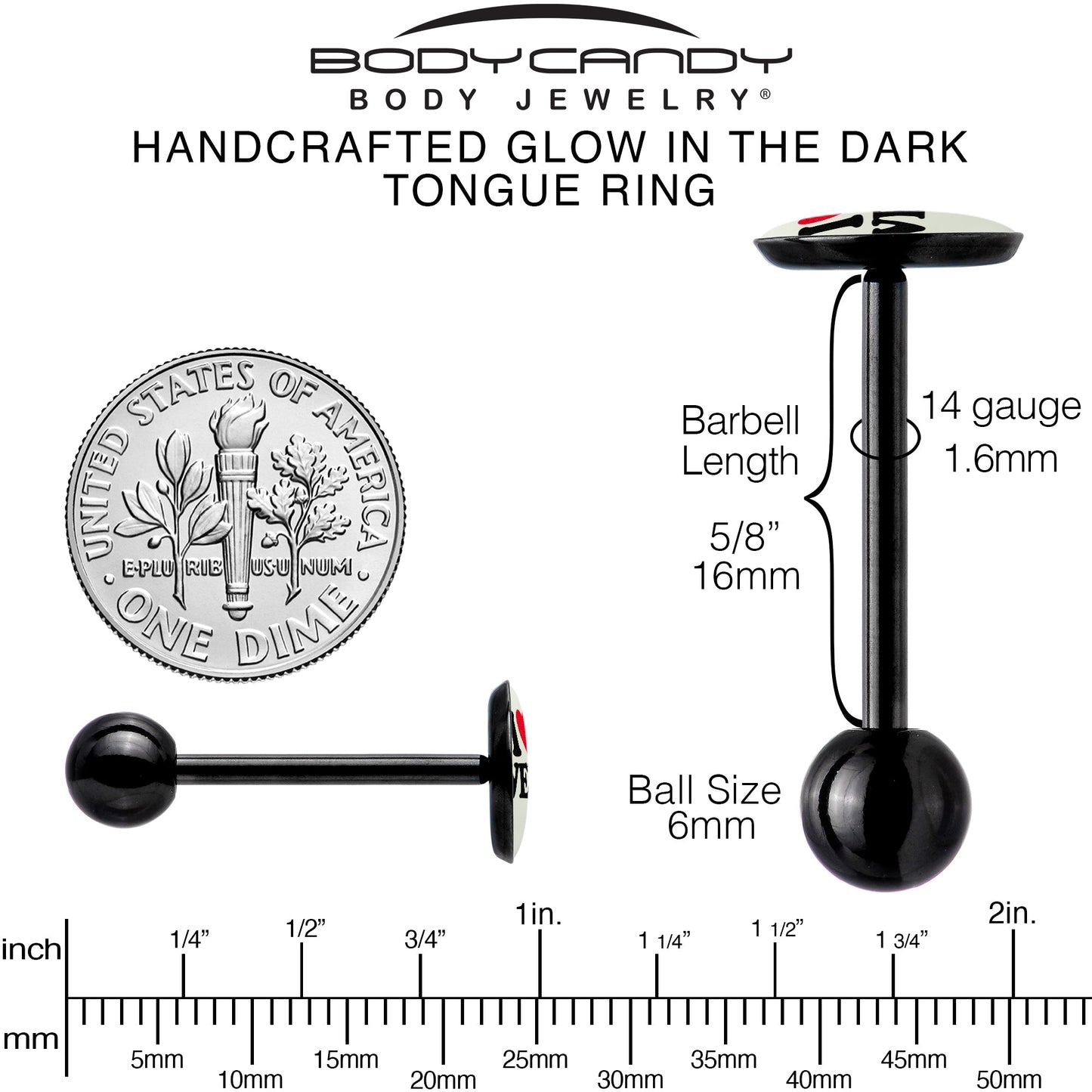 Glow in the Dark Black Anodized I Love Weed Barbell Tongue Ring by Onyx O