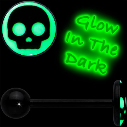 Glow in the Dark Black Anodized Simple Skull Barbell Tongue Ring by Onyx O