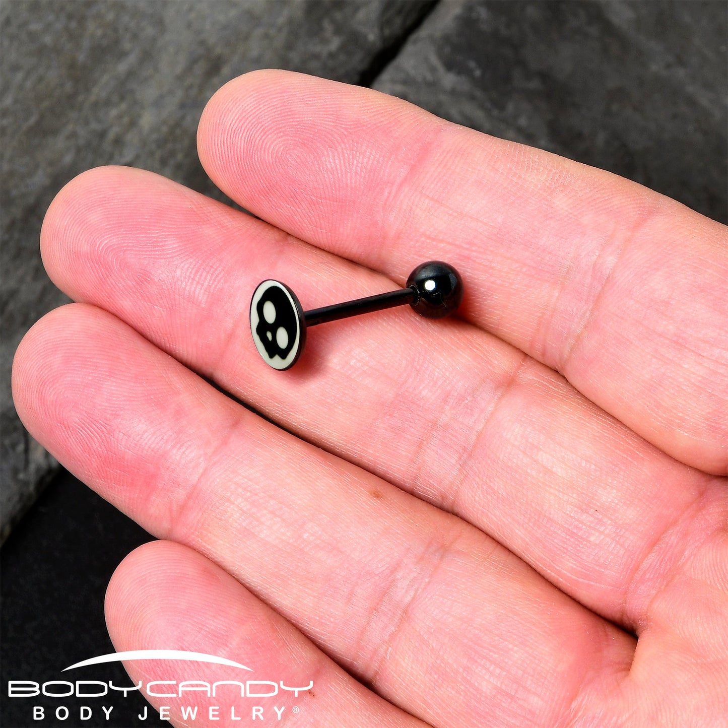 Glow in the Dark Black Anodized Simple Skull Barbell Tongue Ring by Onyx O
