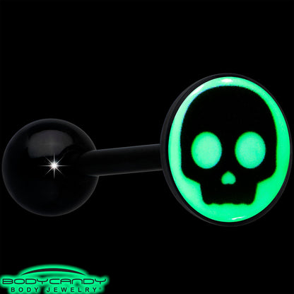 Glow in the Dark Black Anodized Simple Skull Barbell Tongue Ring by Onyx O