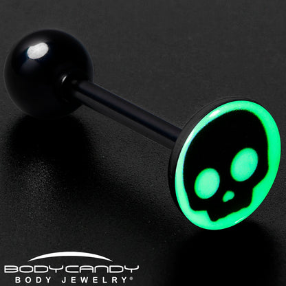 Glow in the Dark Black Anodized Simple Skull Barbell Tongue Ring by Onyx O