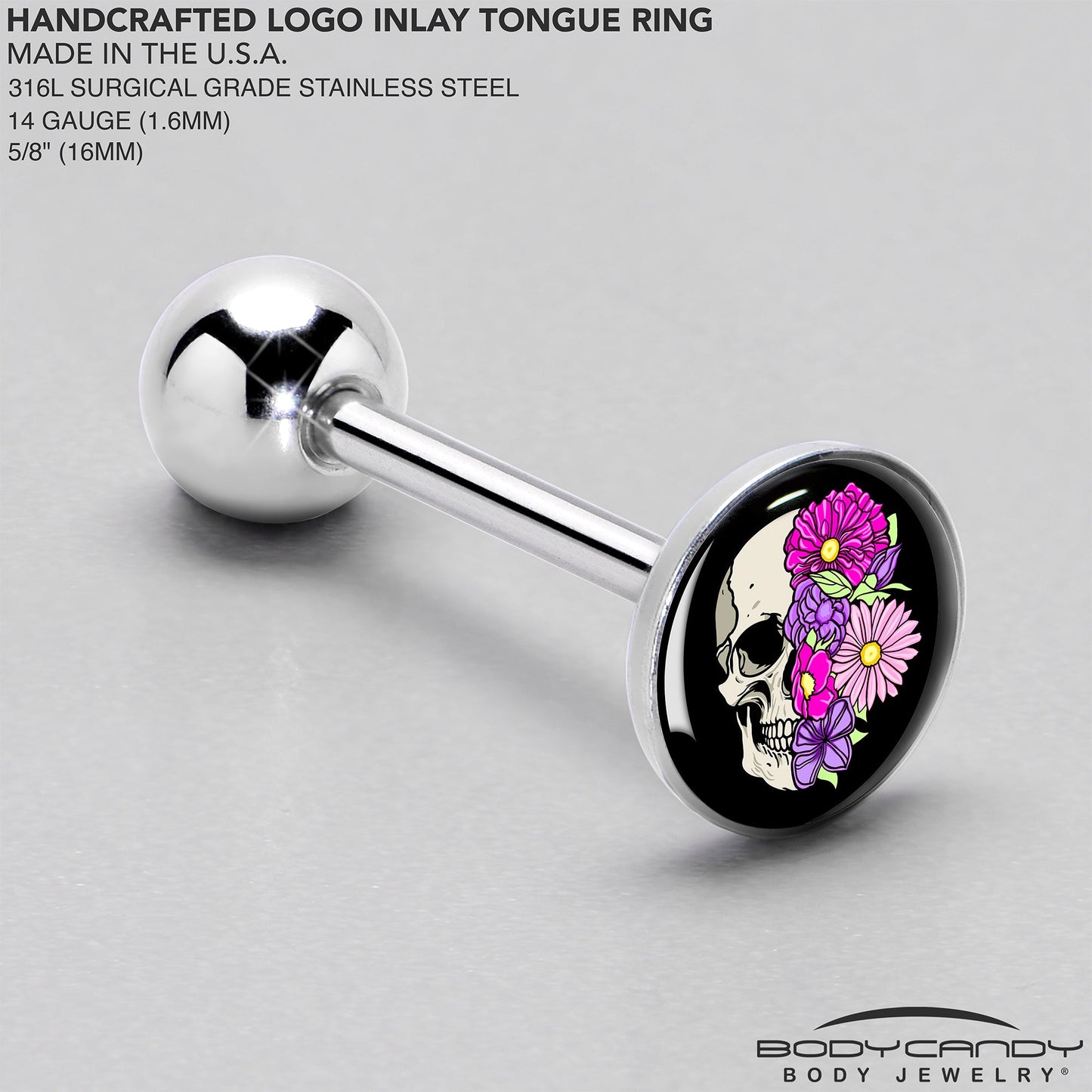 Floral Flowers Skull Barbell Tongue Ring by Onyx O