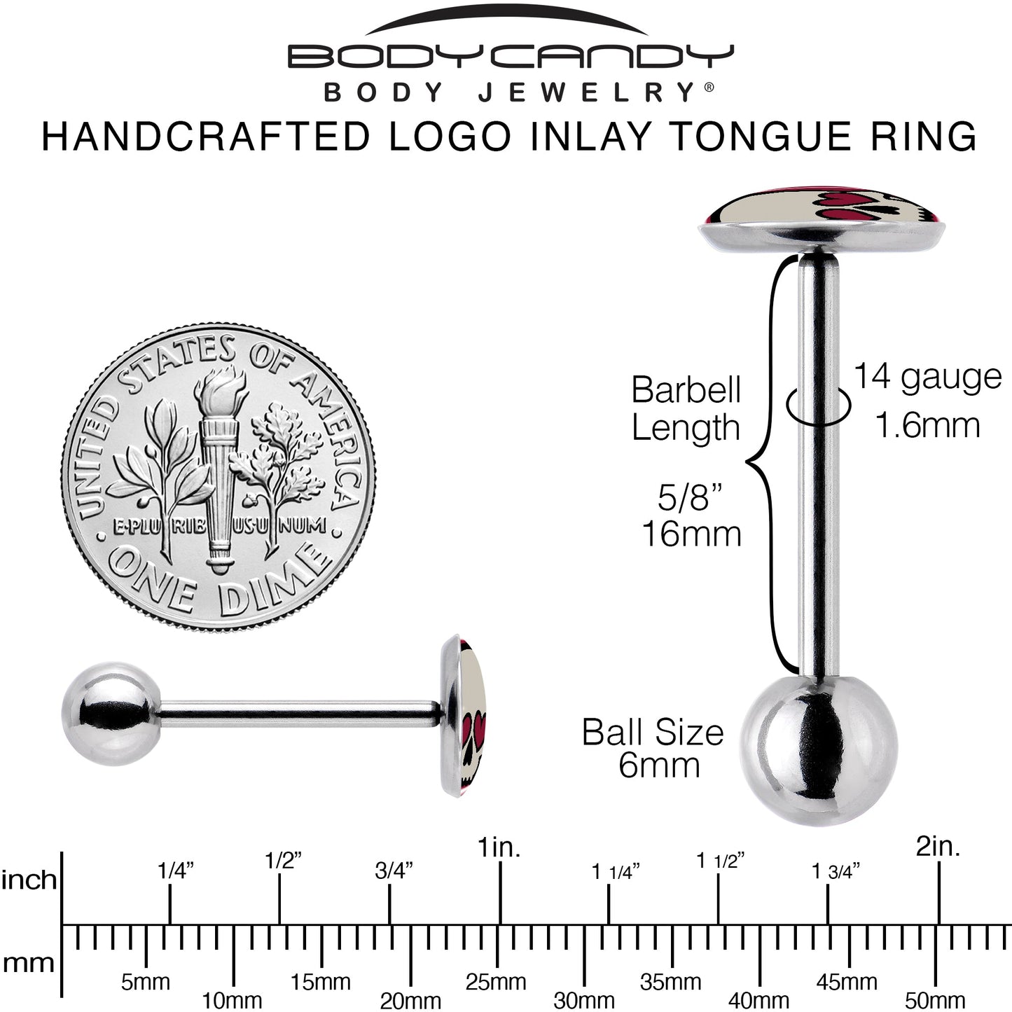 Valentine Heart Skull Barbell Tongue Ring