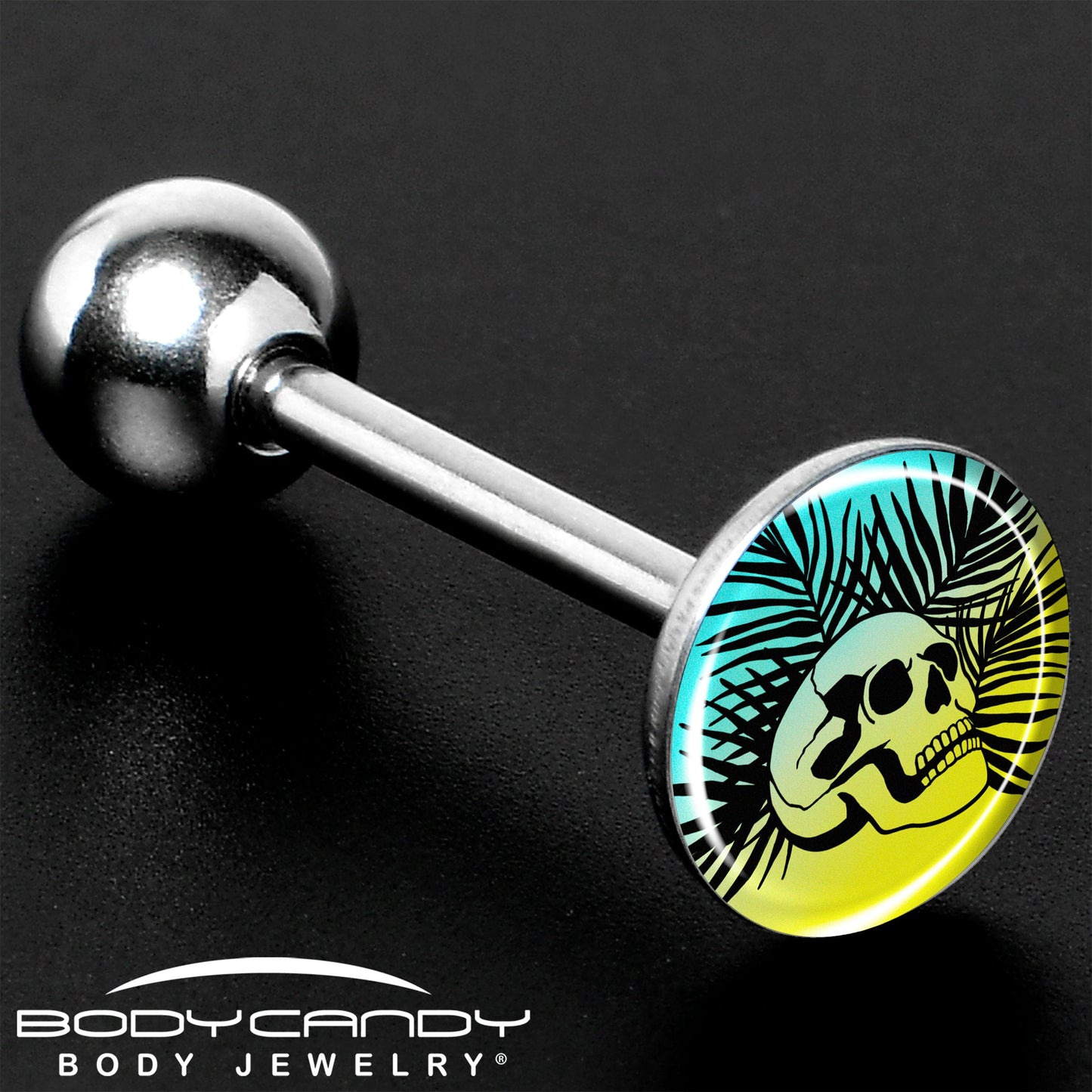 Blue Haze Sunset Skull and Palms Barbell Tongue Ring by Onyx O