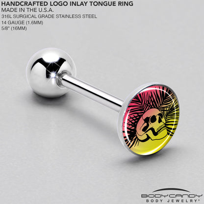 Red Haze Sunset Skull and Palms Barbell Tongue Ring by Onyx O