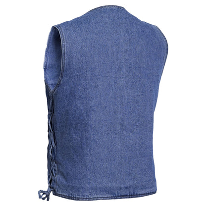 Men's Blue Denim Motorcycle Vest with Lace & Pockets