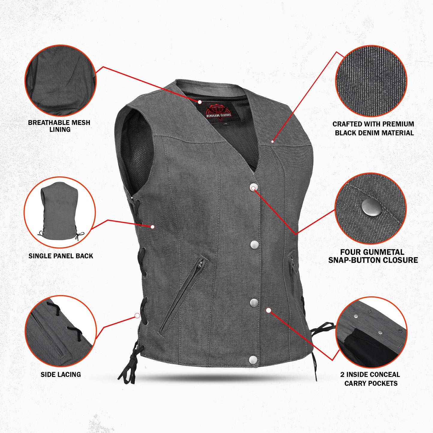 Women's Rough Rub-Off Raw Finish Broken Gray Denim Vest