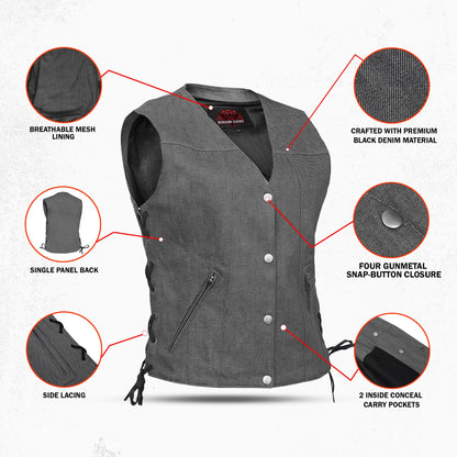 Women's Rough Rub-Off Raw Finish Broken Gray Denim Vest