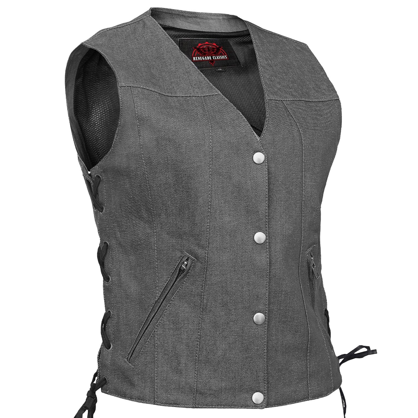 Women's Rough Rub-Off Raw Finish Broken Gray Denim Vest