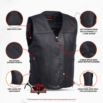 Clubster Men's Black Milled Cowhide Side Lace Motorcycle Leather Vest