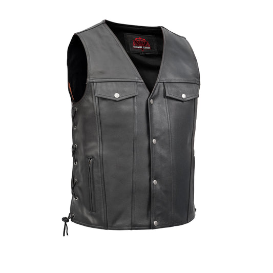 Men's Black Leather Vest with Side Laces and Smart Access Pockets