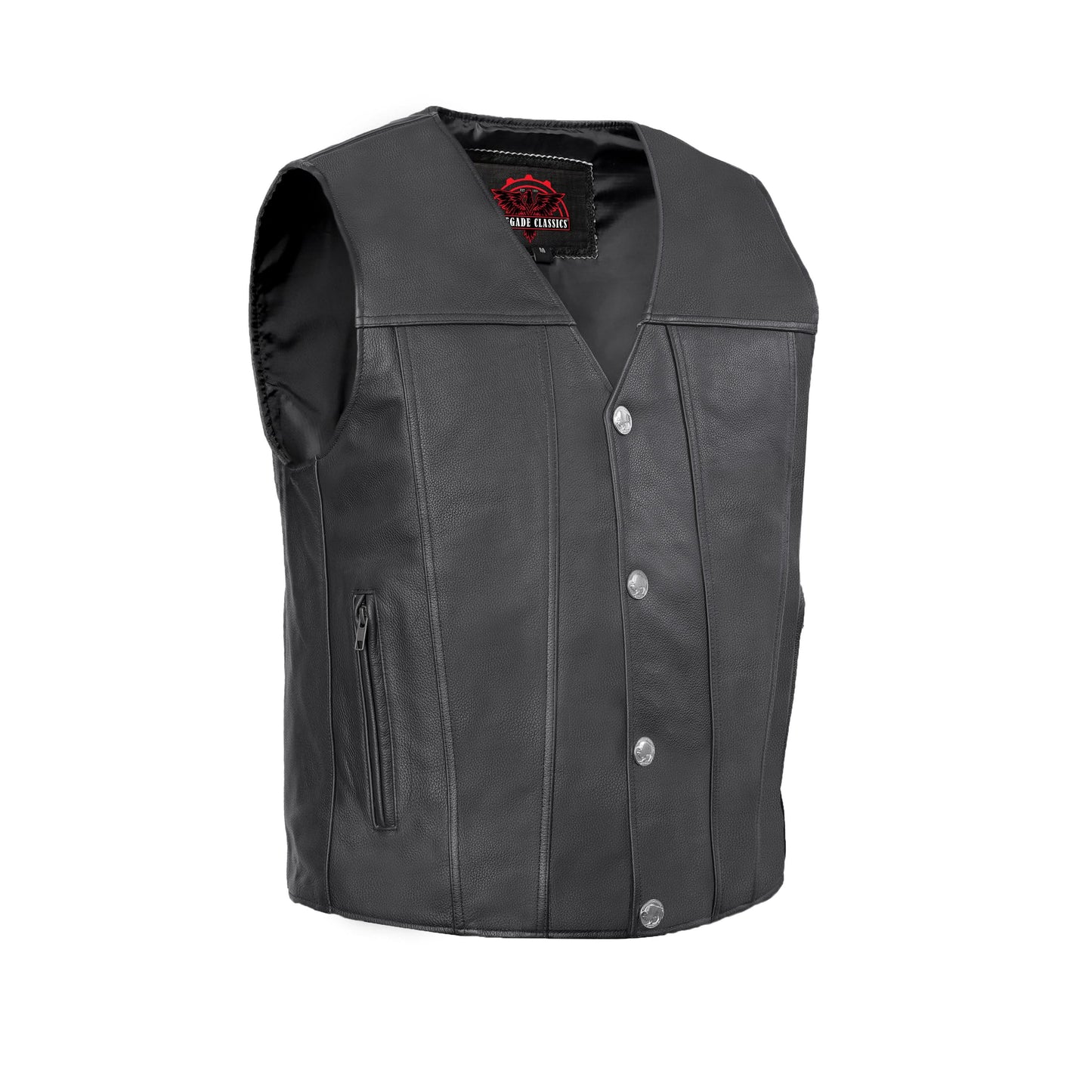 Buffalo Nickel Black Leather Vest for Men - Customizable Back & Satin Liner
