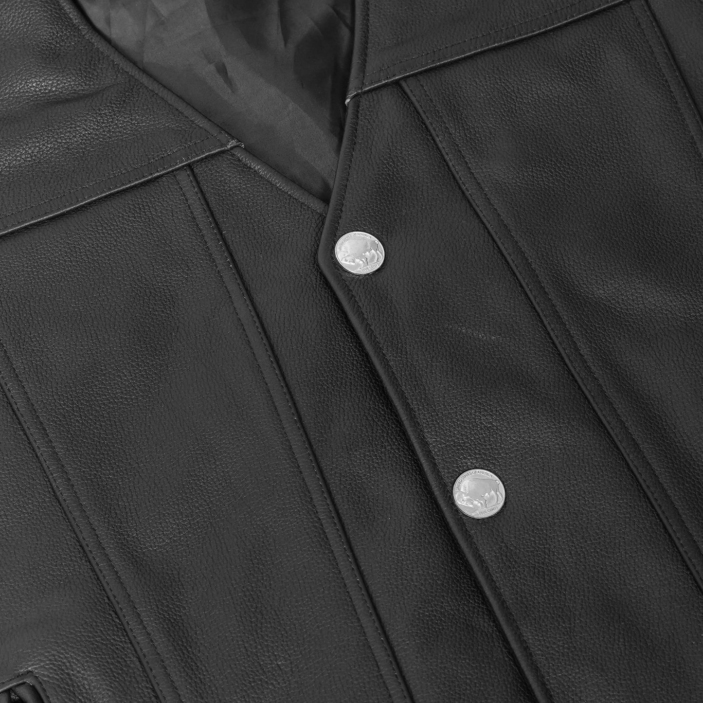 Buffalo Nickel Black Leather Vest for Men - Customizable Back & Satin Liner