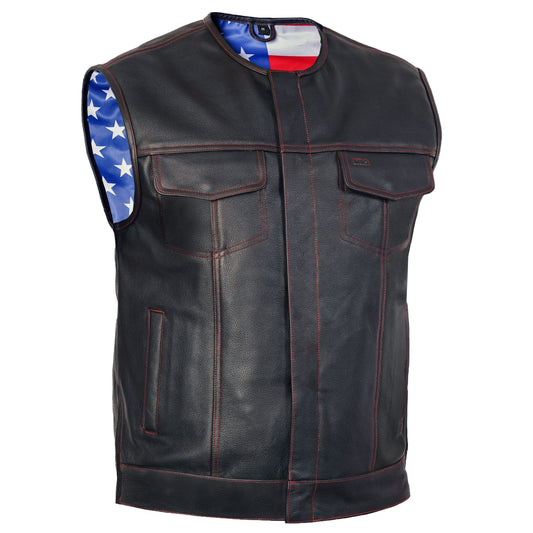 Men's Banded Collar Leather Vest with USA Flag Lining & Red Stitching
