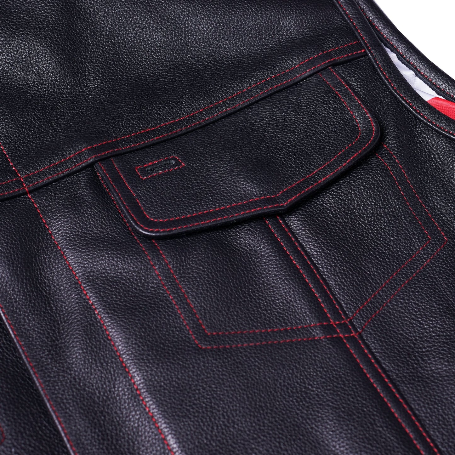 Men's Banded Collar Leather Vest with USA Flag Lining & Red Stitching