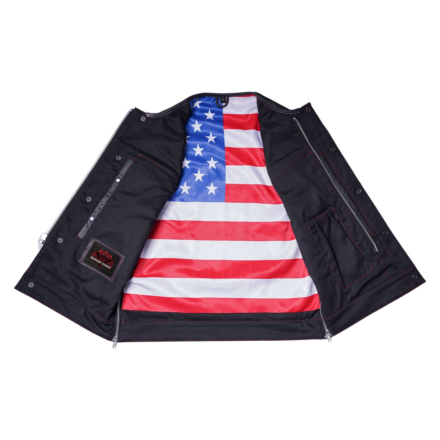 Men's Banded Collar Leather Vest with USA Flag Lining & Red Stitching